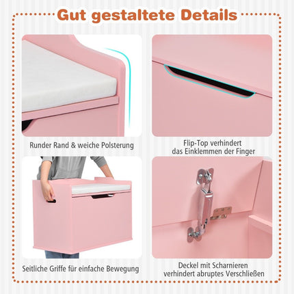 Spielzeugkiste mit Deckel 2 in 1 Spielzeugtruhe mit Kissen Spielzeugschrank aus Holz mit Tragegriffen Rosa