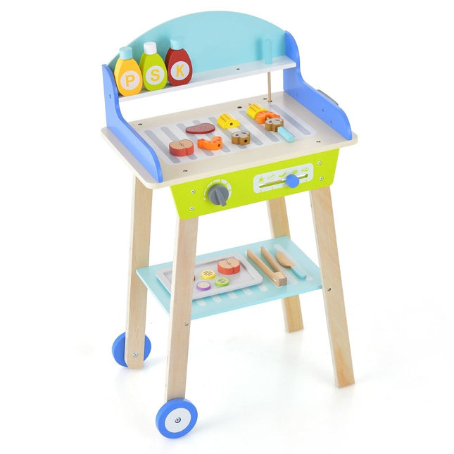Spielzeug-Grillset aus Holz mit Schiebegriff &amp; Rädern &amp; Zubehör Kinderspielküche BBQ