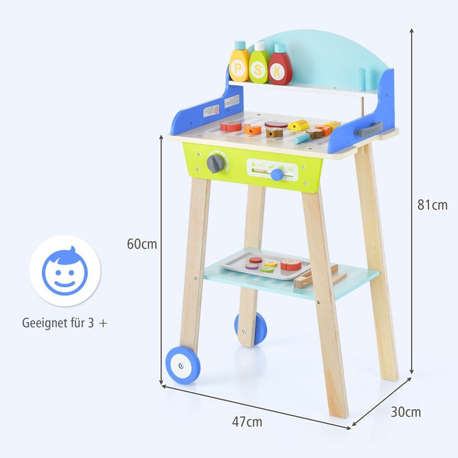 Spielzeug-Grillset aus Holz mit Schiebegriff &amp; Rädern &amp; Zubehör Kinderspielküche BBQ