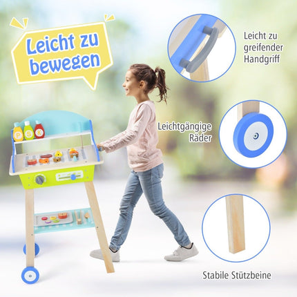 Spielzeug-Grillset aus Holz mit Schiebegriff &amp; Rädern &amp; Zubehör Kinderspielküche BBQ