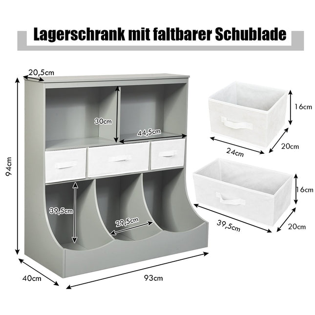 Spielzeugregal mit 5 Fächern &amp; 3 Schubladen Kinderregal Spielzeug Organizer 93 x 40 x 94 cm Grau