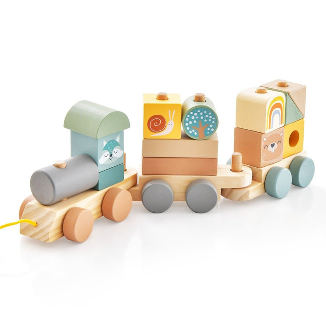 Spielzeugeisenbahn-Set mit stapelbaren Holzklötzen, niedlichen Tiermustern, Schleppseil und Hakenverbindungen