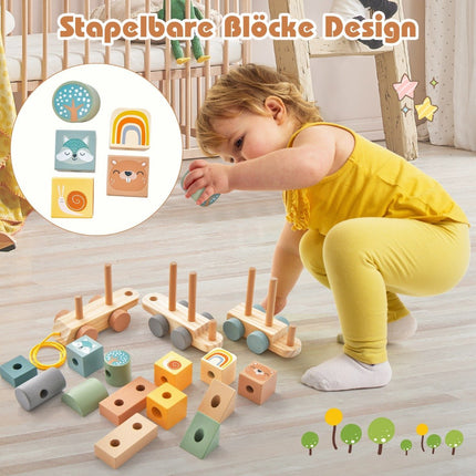 Toy train set with stackable wooden blocks cute animal patterns tow rope & hook connections