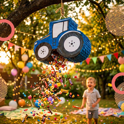 Traktor-Piñata-Set – Inklusive Schlagstock und Augenbindenmaske