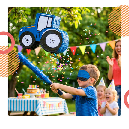 Traktor-Piñata-Set – Inklusive Schlagstock und Augenbindenmaske