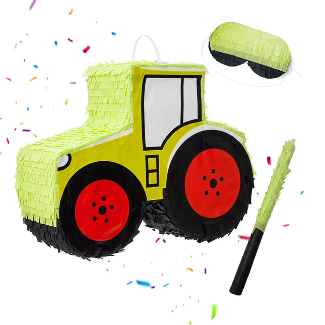 Sada piňata traktor s tyčí a maskou – 40 cm