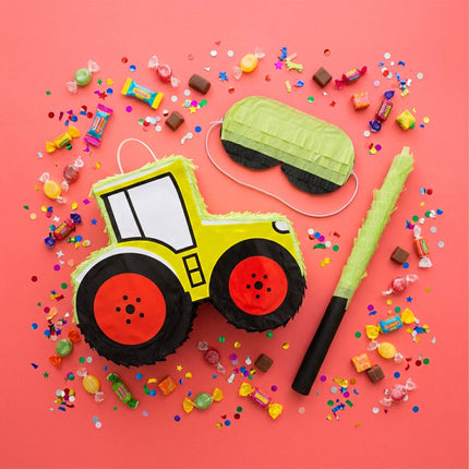 Sada piňata traktor s tyčí a maskou – 40 cm