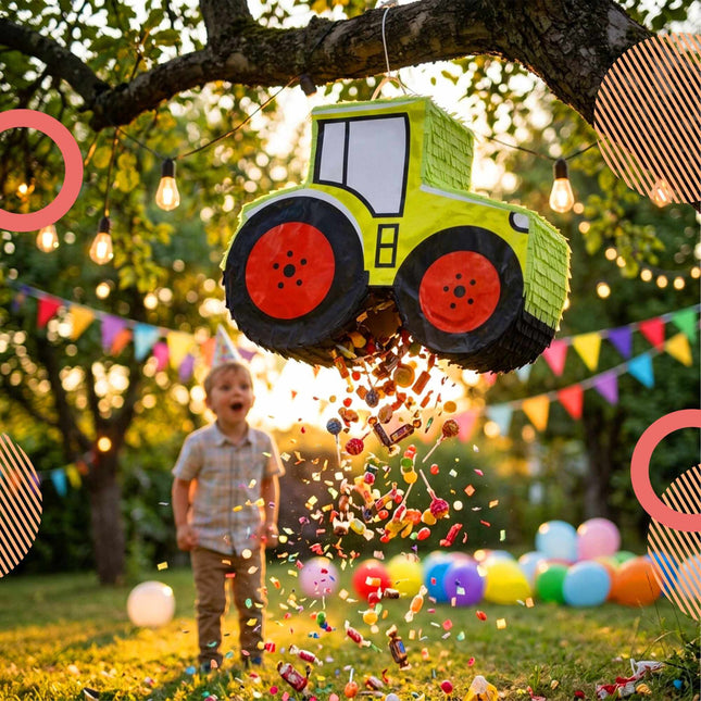 Sada piňata traktor s tyčí a maskou – 40 cm
