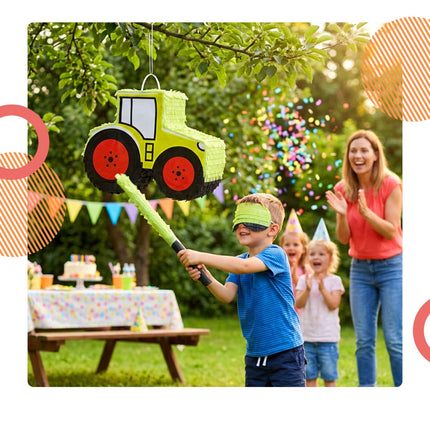 Sada piňata traktor s tyčí a maskou – 40 cm