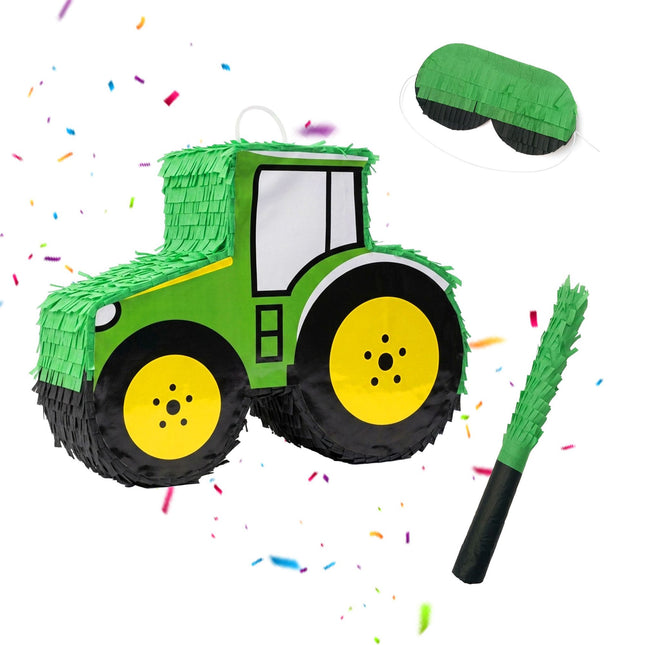 Sada piňata traktor s tyčí a maskou – zelená