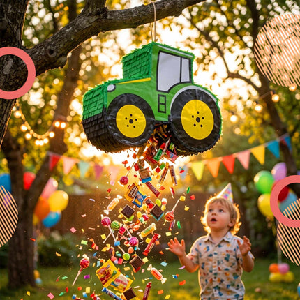 Sada piňata traktor s tyčí a maskou – zelená