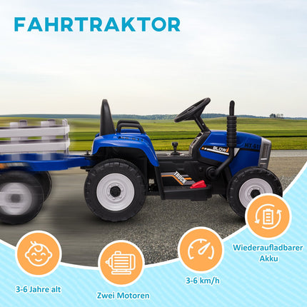 Aufsitz-Traktor für Kinder mit Fernbedienung, MP3, Scheinwerfern, blau