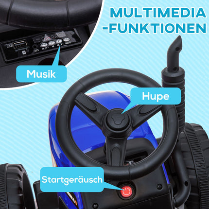 Aufsitz-Traktor für Kinder mit Fernbedienung, MP3, Scheinwerfern, blau