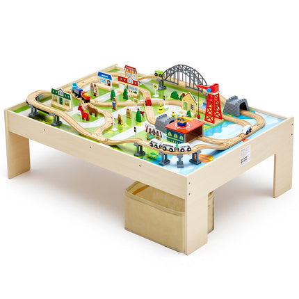 Train Table Set, 120-Piece Wooden, Reversible Top, Storage Bin