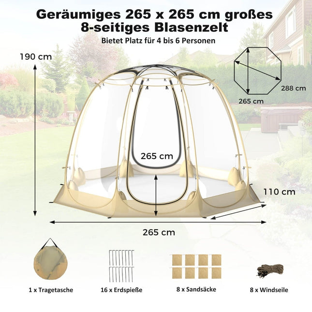 Durchsichtiges PVC Pop-Up Blasenzelt für 5-6 Personen, 265x265 cm