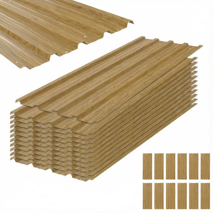 Trapezoidal Roof Sheets Set of 12, Galvanised Steel, 129 x 45 cm, Natural Wood