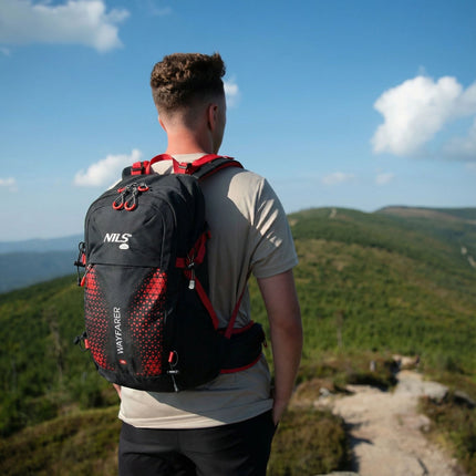 Reiserucksack 35L, Rot – Belüftet, Regenhülle