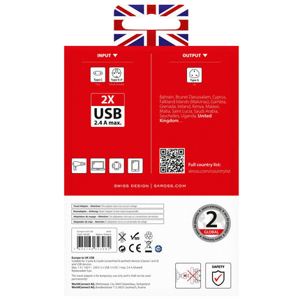 Reiseadapter Europa nach Großbritannien usw. 2xUSB-A 12W Geerdet