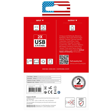 Reiseadapter Europa nach USA etc. 2xUSB-A 12W Geerdet