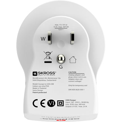 Reiseadapter Europa nach USA etc. 2xUSB-A 12W Geerdet