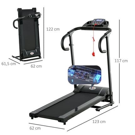 Skládací elektrický běžecký pás, 500W, LCD, držák telefonu, černá