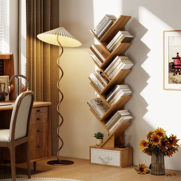 Bücherregal Baum mit Schublade, 10 Fächer, Natur-Finish