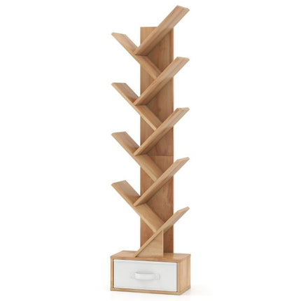 Tree Bookshelf With Drawer, 10 Shelves, Natural Finish