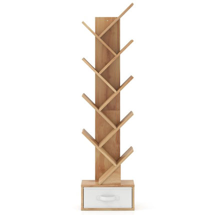 Tree Bookshelf With Drawer, 10 Shelves, Natural Finish