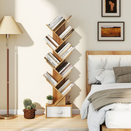 Tree Bookshelf With Drawer, 10 Shelves, Natural Finish