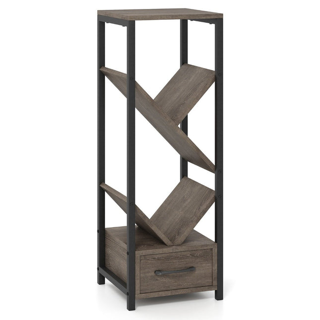 Bücherregal in Baumform mit Schublade und Metallrahmen, 4-stufiges Standregal, Büroregal