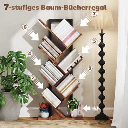 Baumförmiges Bücherregal, 7 Etagen, Rustikales Braun, Platzsparend