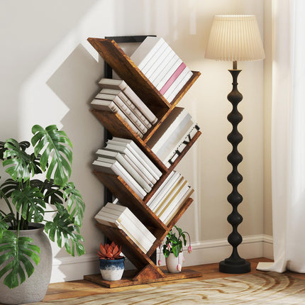Baumförmiges Bücherregal, 7 Etagen, Rustikales Braun, Platzsparend