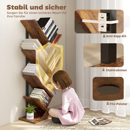 Baumförmiges Bücherregal, 7 Etagen, Rustikales Braun, Platzsparend