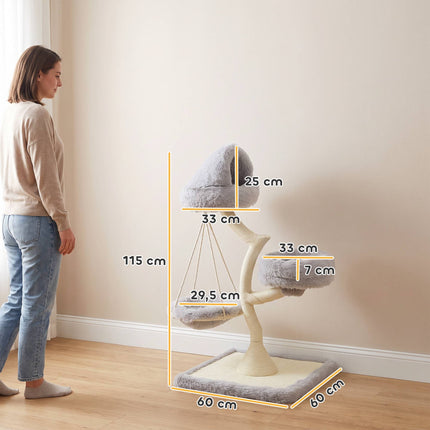 Tree-Shaped Cat Tree 115 cm with 2 Washable Beds and Hammock, Light Grey