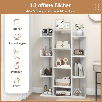 Tree-shaped bookcase with 13 open compartments 86 x 24.5 x 141 cm white