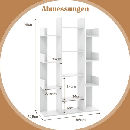 Tree-shaped bookcase with 13 open compartments 86 x 24.5 x 141 cm white