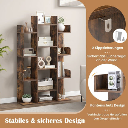 Baumförmiges Bücherregal mit 13 offenen Fächern, Ablageboden, Holzregal, 86 x 24,5 x 141 cm, braun