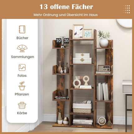 Baumförmiges Bücherregal mit 13 offenen Fächern, Ablageboden, Holzregal, 86 x 24,5 x 141 cm, braun