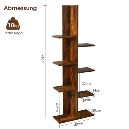 Baumförmiges Bücherregal mit 8 Böden, Standregal, Büroregal, 50 x 20 x 141 cm, braun
