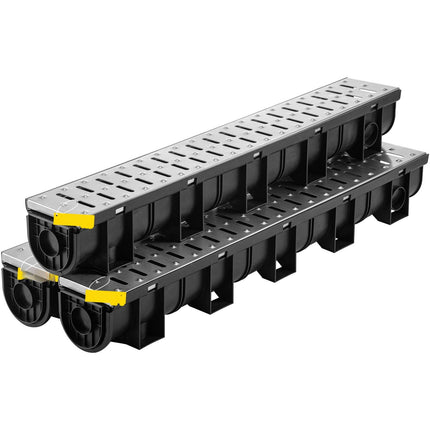 Trench Drain Kit, HDPE Channel, Stainless Grate, 3-Pack