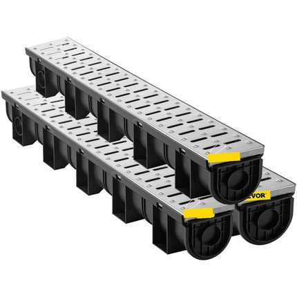 Trench Drain Kit, HDPE Channel, Stainless Grate, 3-Pack