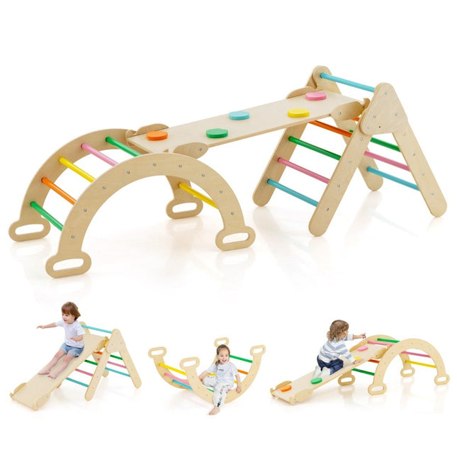 Dreieckiges Kletterspielzeug-Set aus Holz für Kleinkinder mit buntem Kletterdreieck