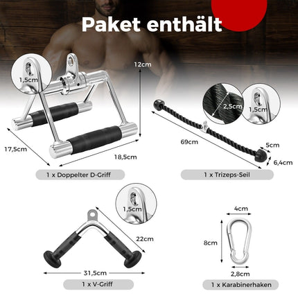 Sada kladkových úchytů na triceps – V-úchyt, dvojité D, lano