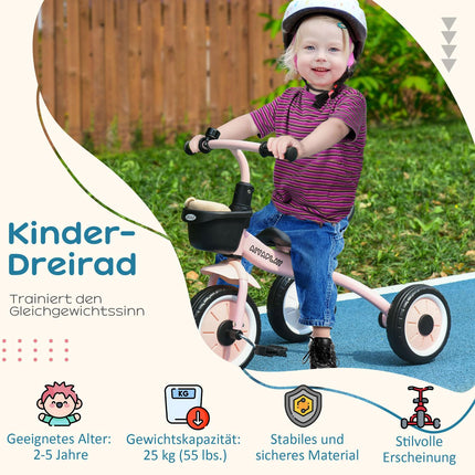 Tricycle, vélo enfant avec siège réglable, draisienne avec panier, sonnette, vélo enfant avec pédales, pour enfants de 2 à 5 ans, métal, rose