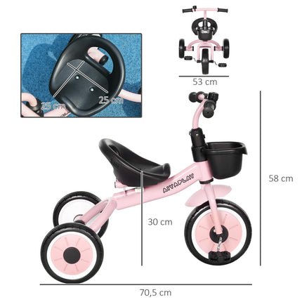 Tricycle, vélo enfant avec siège réglable, draisienne avec panier, sonnette, vélo enfant avec pédales, pour enfants de 2 à 5 ans, métal, rose