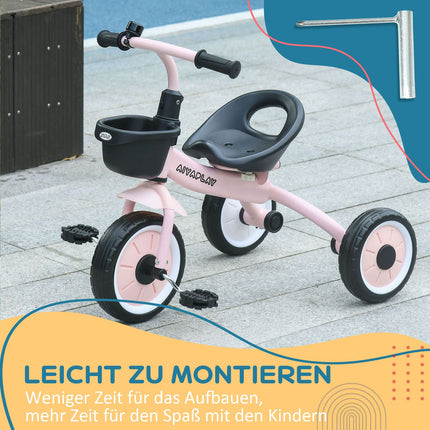 Tricycle, vélo enfant avec siège réglable, draisienne avec panier, sonnette, vélo enfant avec pédales, pour enfants de 2 à 5 ans, métal, rose