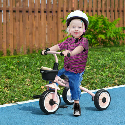 Tricycle, vélo enfant avec siège réglable, draisienne avec panier, sonnette, vélo enfant avec pédales, pour enfants de 2 à 5 ans, métal, rose