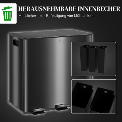 Triple Compartment 45L Stainless Steel Kitchen Bin
