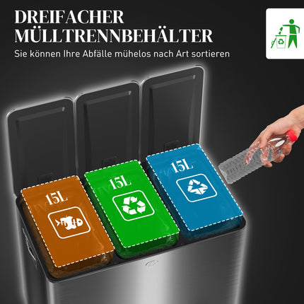 Triple Compartment 45L Stainless Steel Kitchen Bin