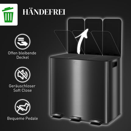 Triple Compartment 45L Stainless Steel Kitchen Bin